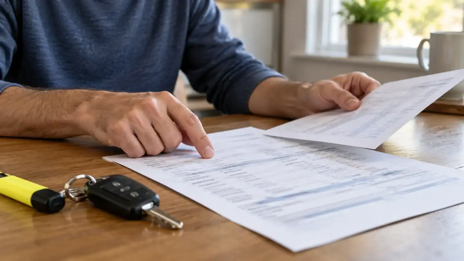 Hands reviewing generic auto insurance paperwork beside car keys