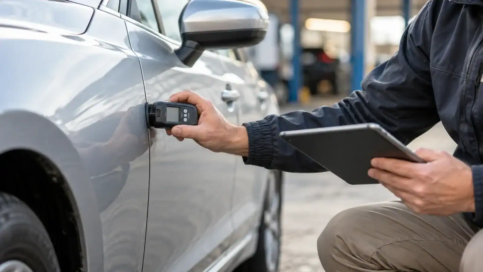 Appraiser checking a repaired car panel with a paint-thickness gauge for a diminished value claim