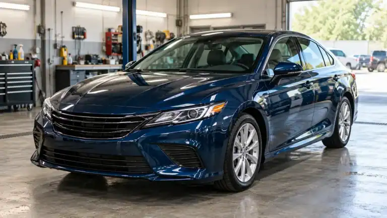 Repaired blue sedan in a clean auto body shop
