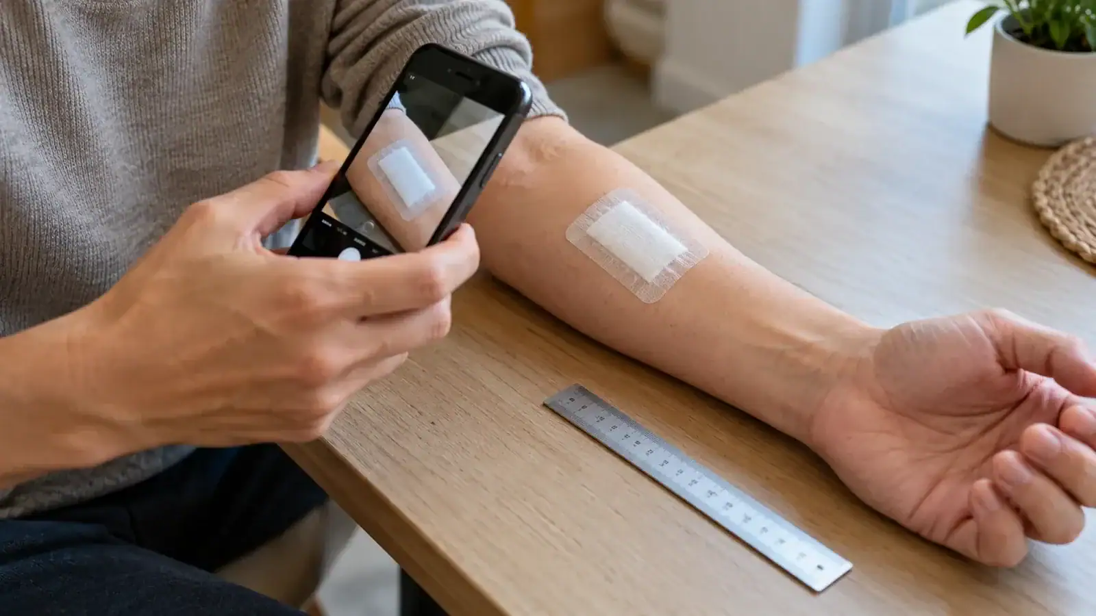 Person using a smartphone to photograph a bandaged forearm to document a dog bite injury