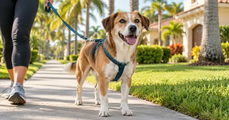 Leashed dog on a palm-lined Florida neighborhood sidewalk