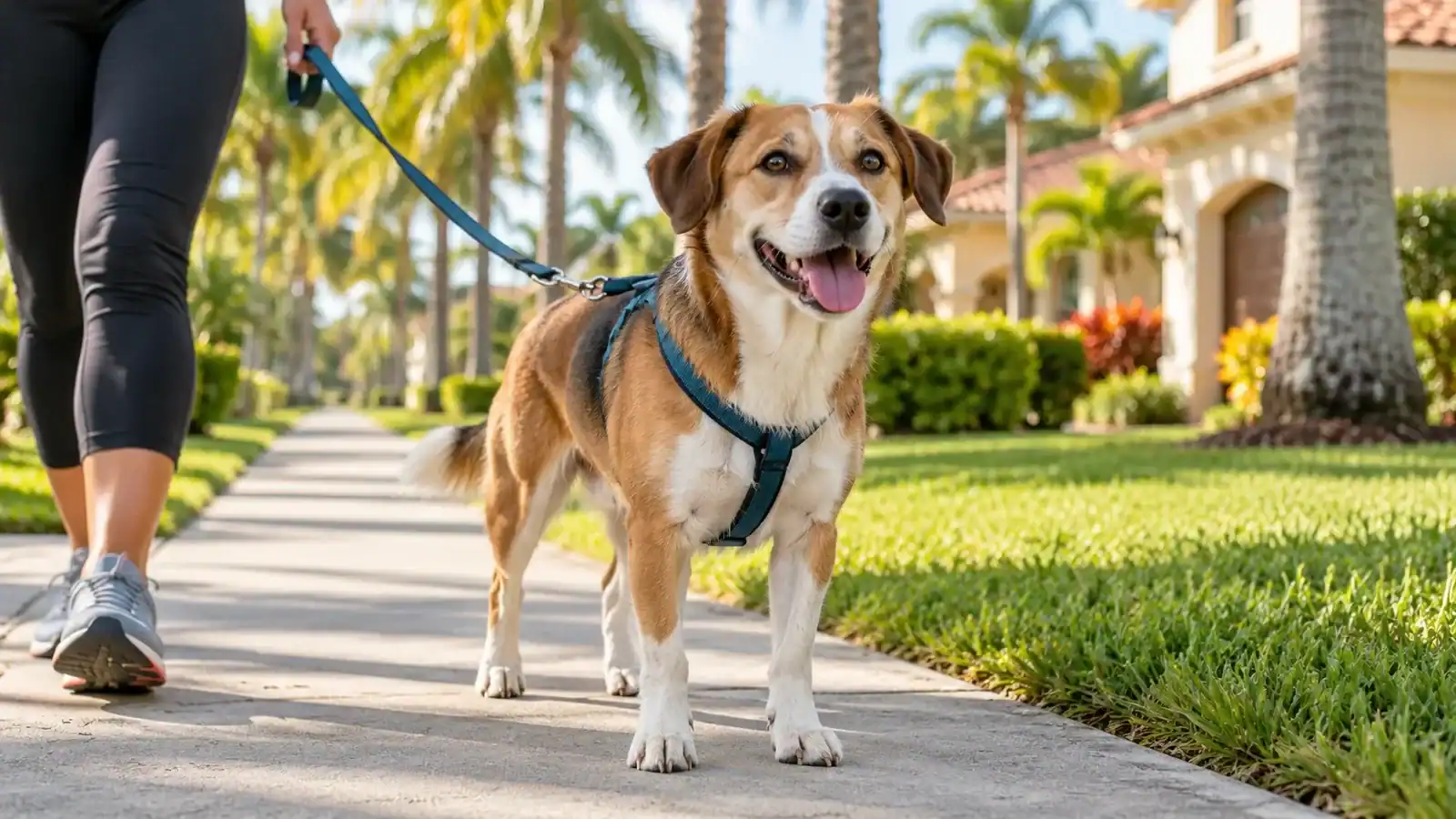 Leashed dog on a palm-lined Florida neighborhood sidewalk
