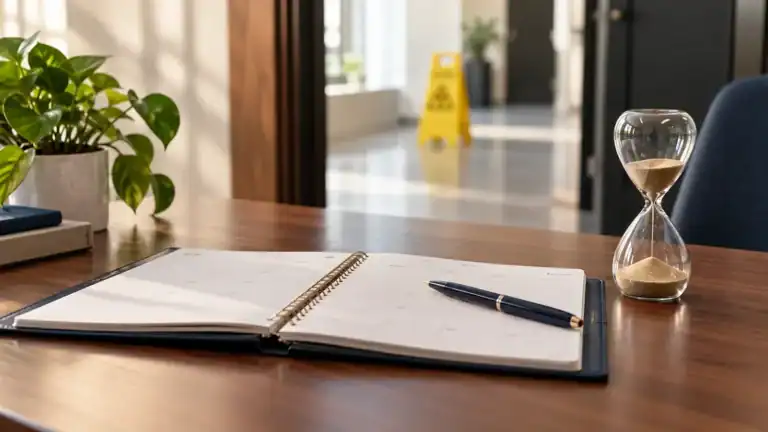 Desk planner and hourglass with a distant caution sign, a reminder of the deadline to sue after a slip and fall