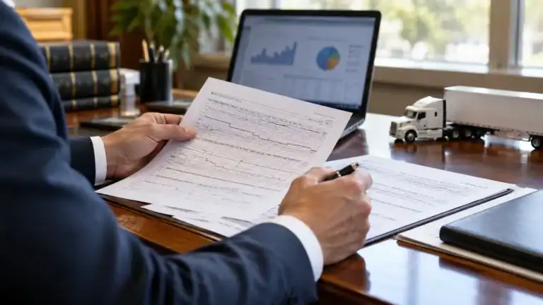 Illustrative legal professional reviewing truck accident records at a desk
