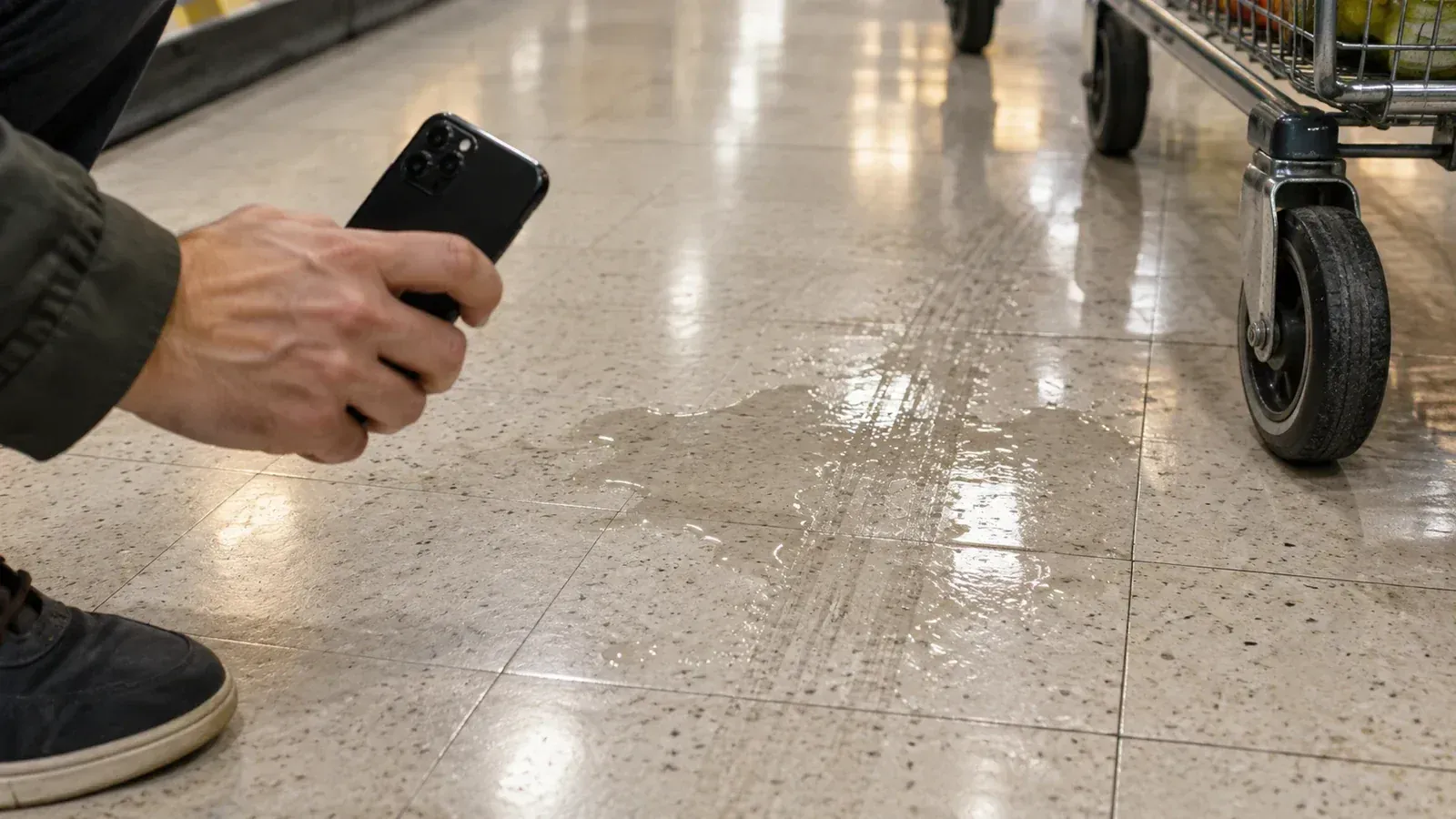 Person photographing a spill and cart-wheel tracks on a store floor after a slip and fall