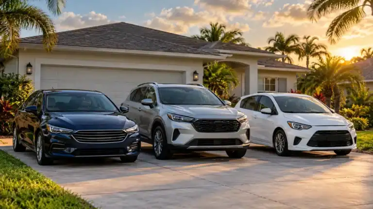 Three family vehicles outside a Florida home, a household weighing stacked vs. unstacked UM coverage
