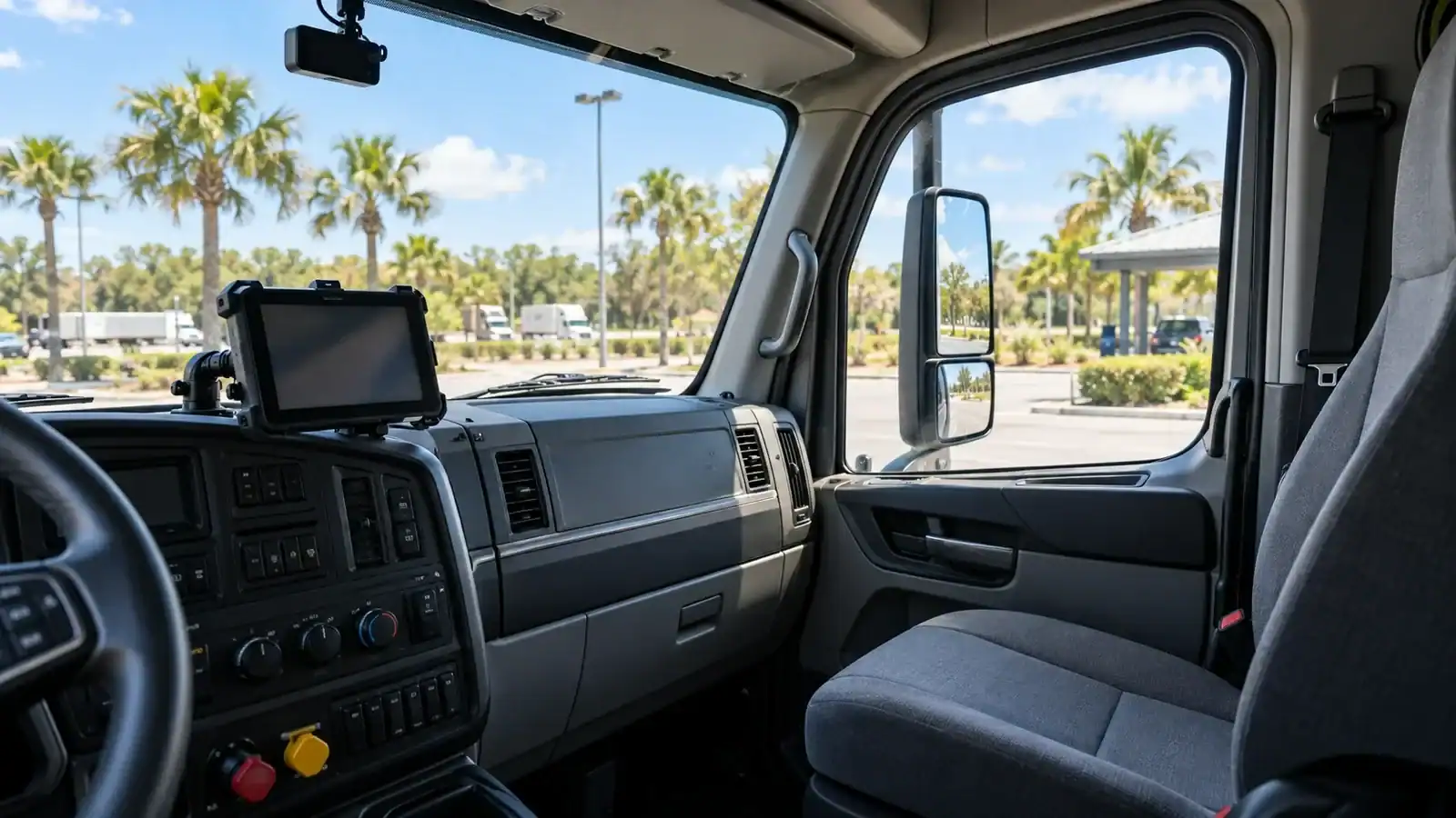 Dashcam and electronic logging device inside a parked semi-truck cab, key evidence after a truck accident