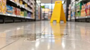 Small liquid spill in a store aisle with a caution sign behind it