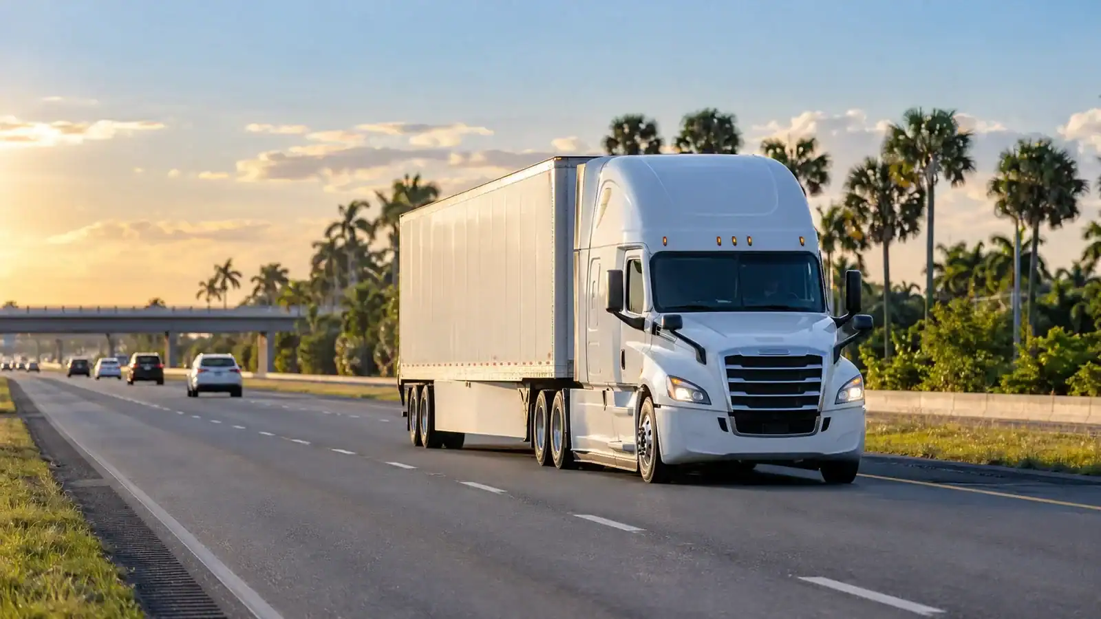 White tractor-trailer traveling on a Florida interstate