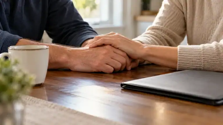 Two adults holding hands at a table as a family copes with a wrongful death