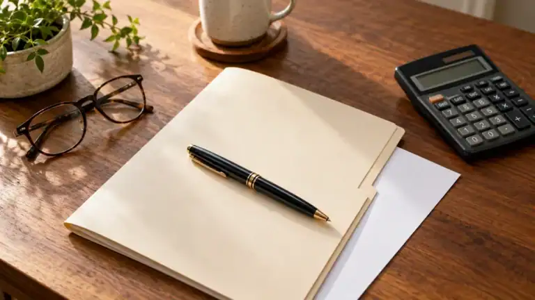 Folder, pen, reading glasses and calculator for reviewing wrongful death settlement taxes